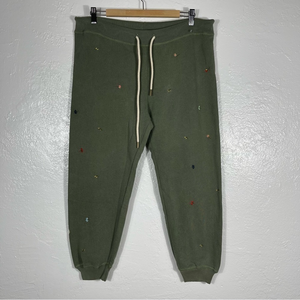 THE GREAT. The Cropped Sweatpants With Tossed Floral Embroidery in Army Sz-3 = L - Picture 3 of 10